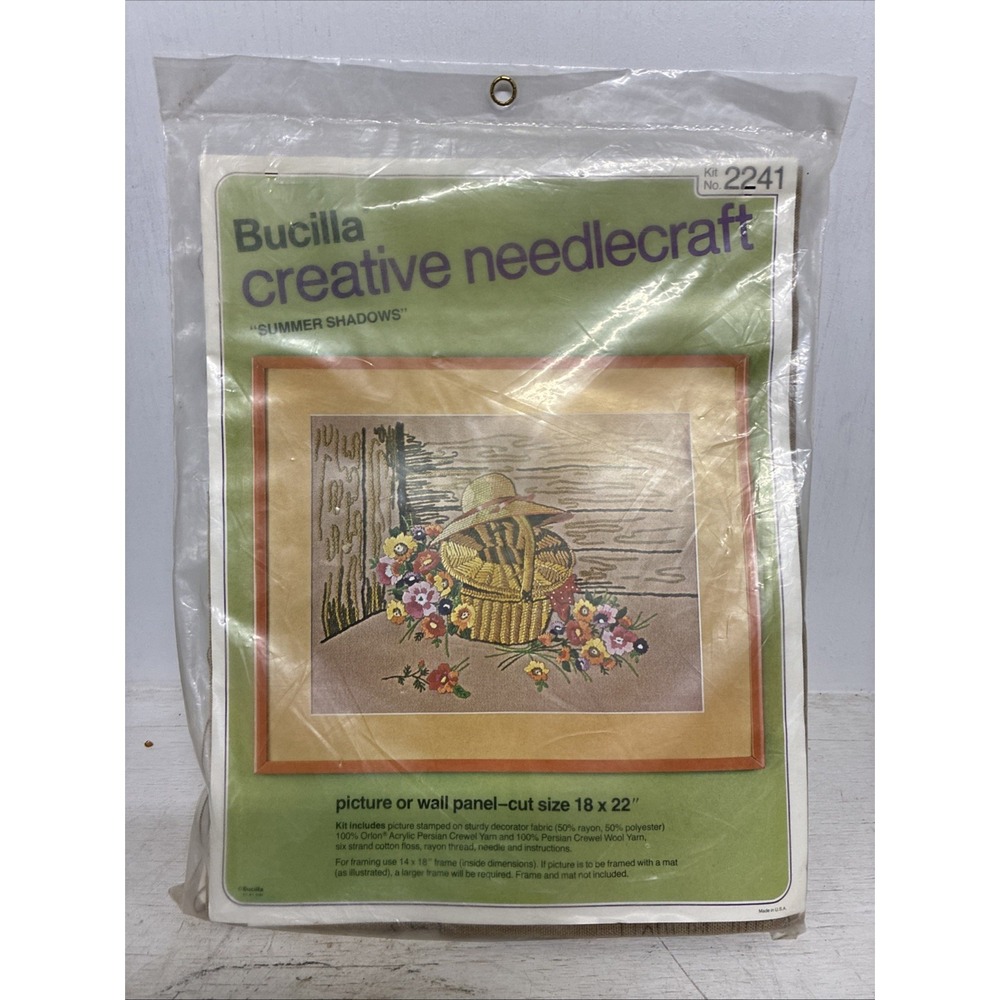 Vtg Bucilla Needlecraft Summer Shadows Straw Hat & Basket Crewel Kit 2241 New